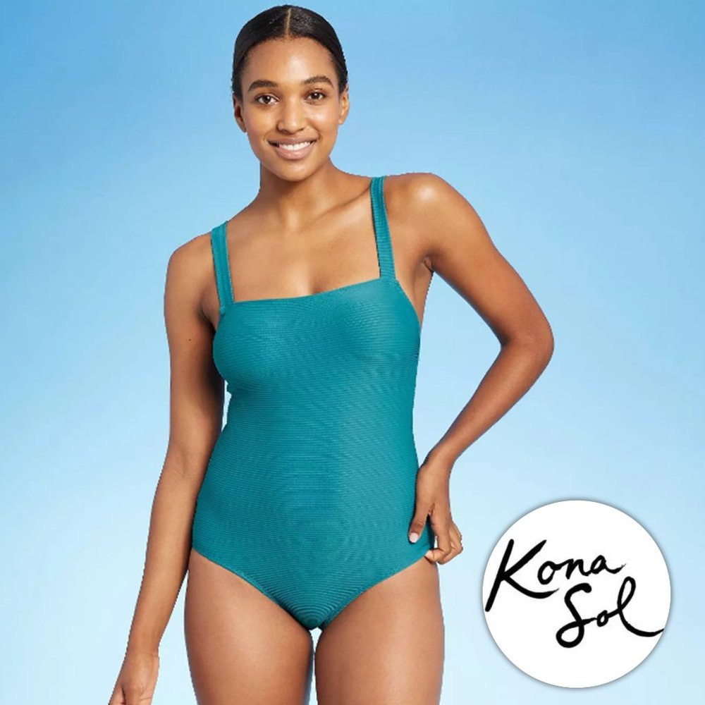 KONA SOL Ribbed Square Neck Classic One Piece Teal Swimsuit NEW WITH TAG!